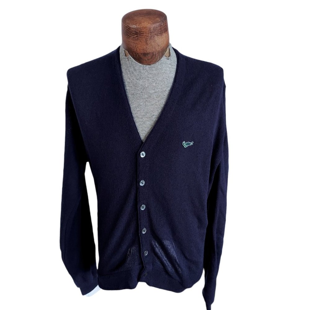 VTG CHALLENGER Men's Navy Blue Acrylic Turtle Logo Cardigan Size Large